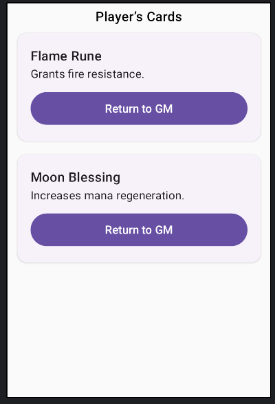 Player’s cards view prototype